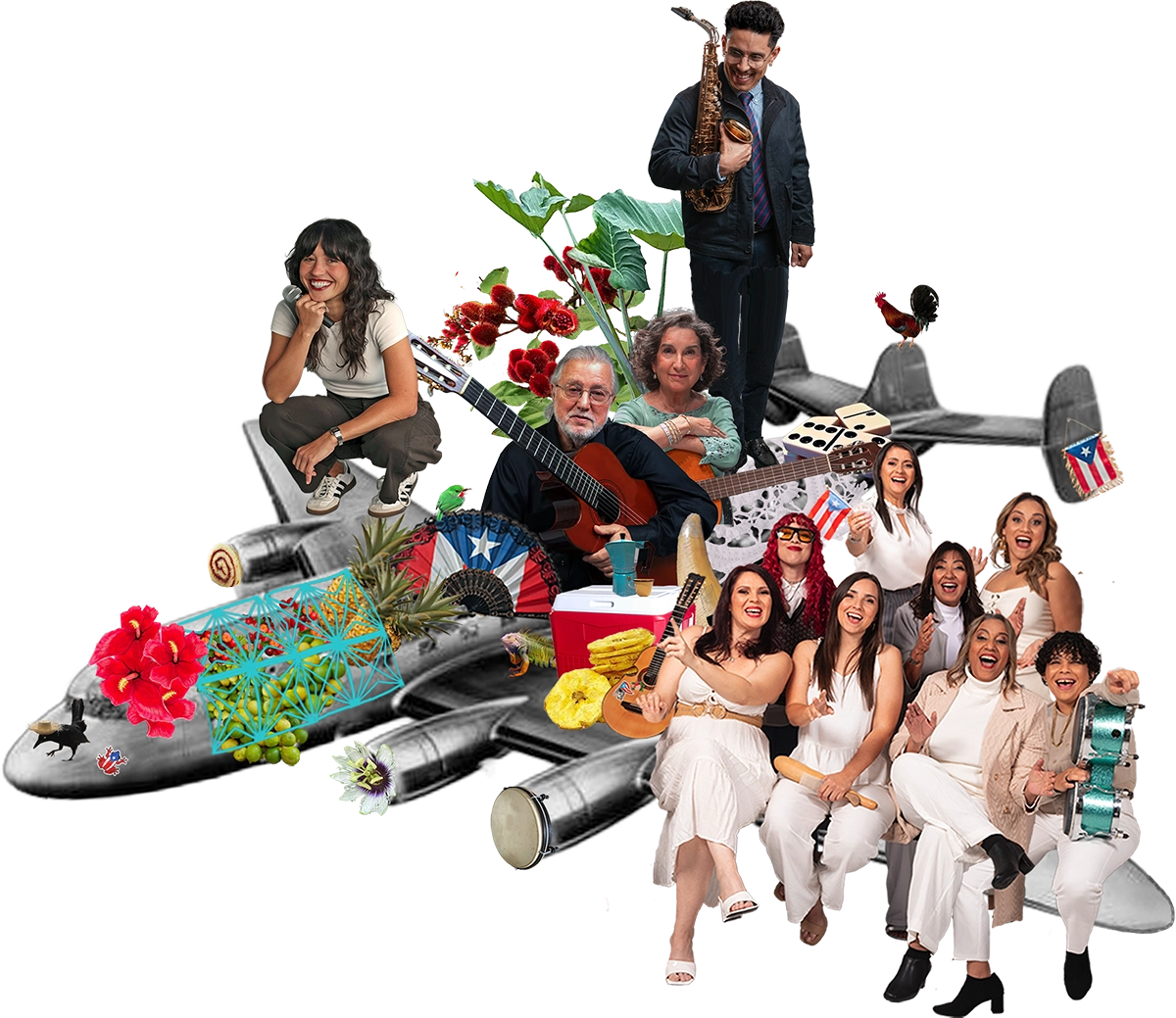 Collage de artistas puertorriqueños con instrumentos, banderas y símbolos culturales que representan el talento boricua en gira BoriCorridor-2026.